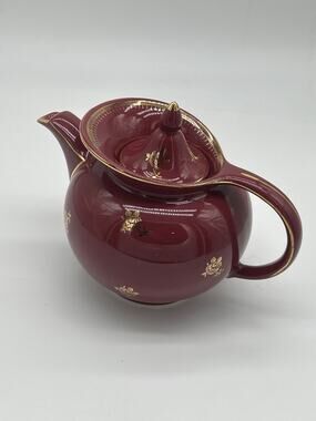 Vintage Hall China 0698 Burgundy 6 Cup Teapot Gold Rose Coffee Tea Pot USA